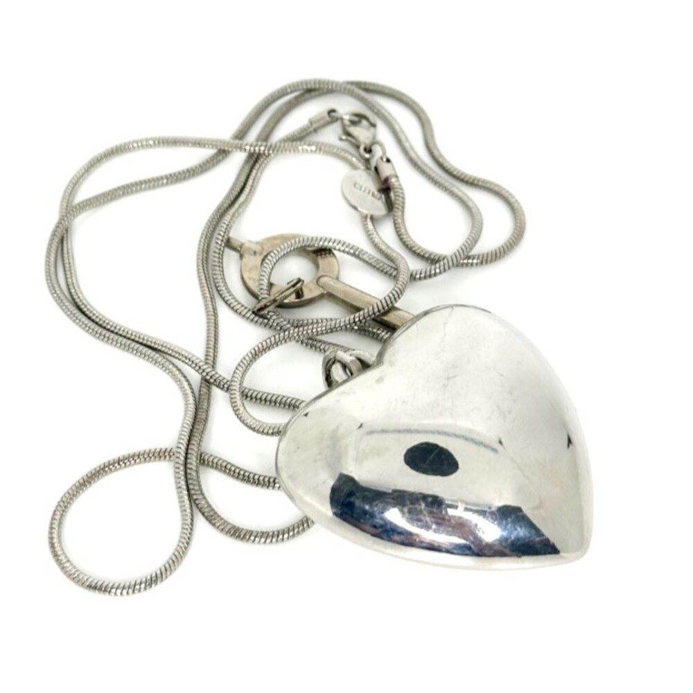 Vintage Necklace Puffy Heart and Key Pendant Silver Tone 36 Inch Snake Chain